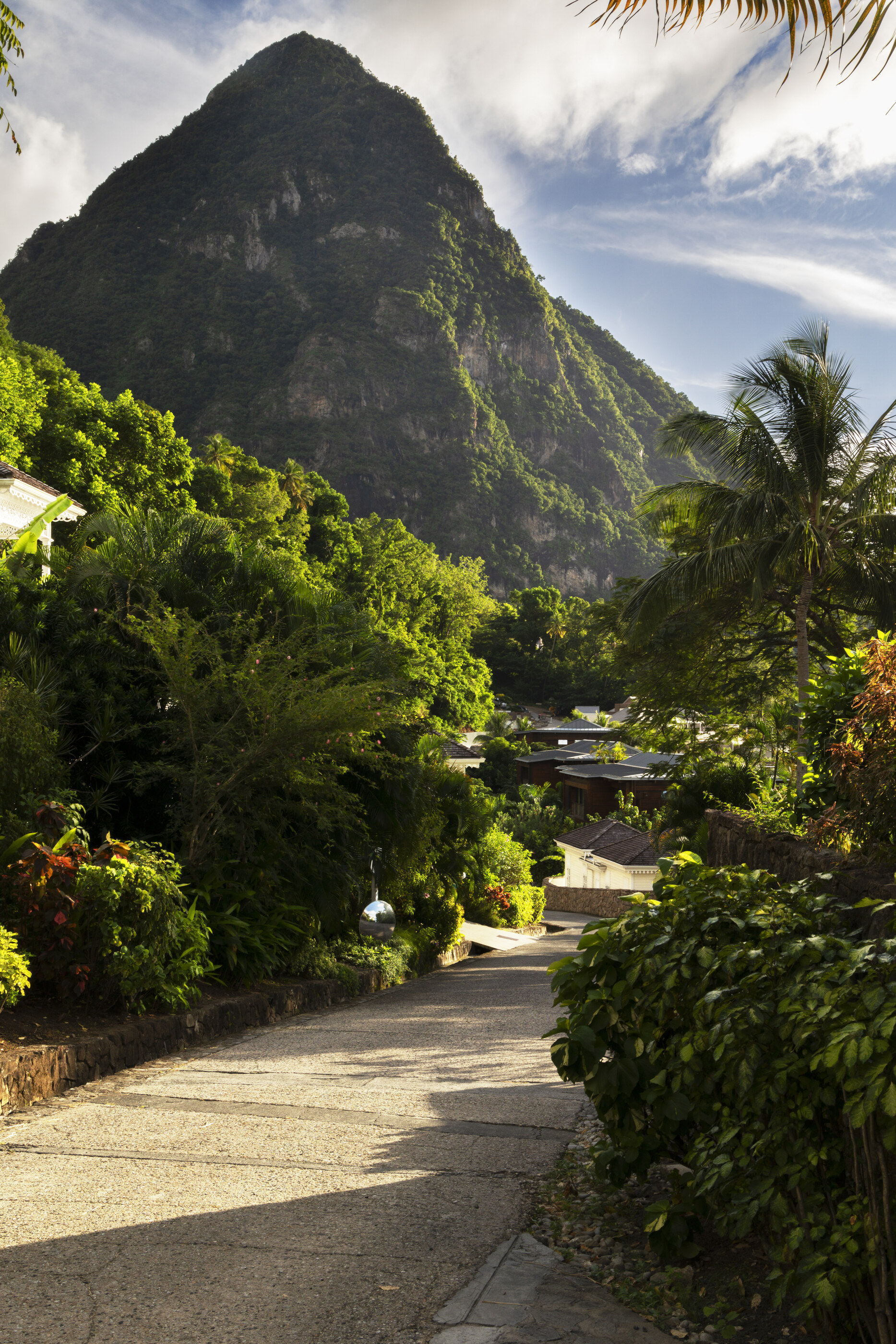 A tropical Caribbean landscape with a steep green peak (a Piton-like volcanic spire) rising behind palm trees and a dirt path. No dominant person. Travel-as-subject through tropical place.
