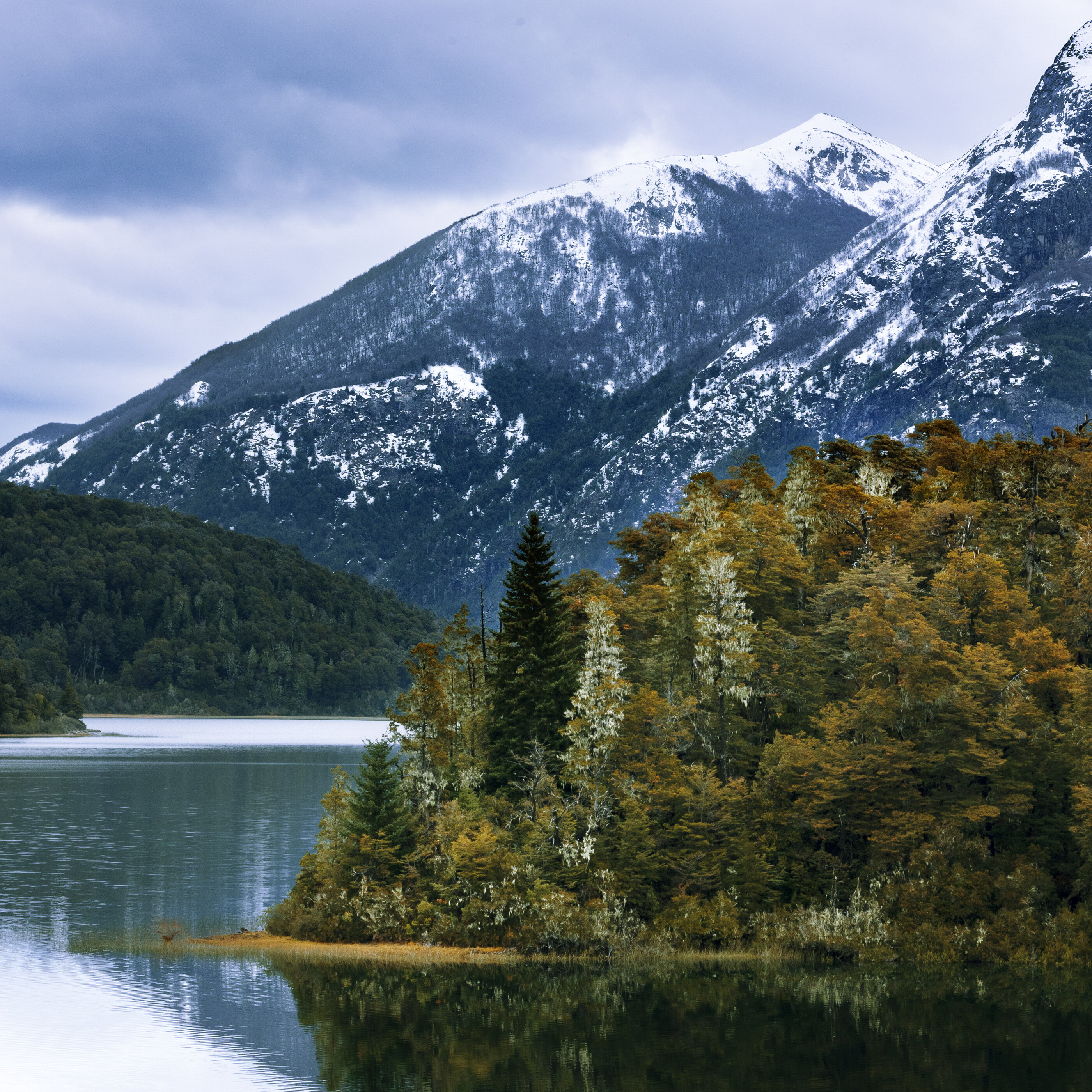 A wide view of the Grand Teton range above a snow-dusted plain, very classical landscape. No people. Mountain at scale; pure place.