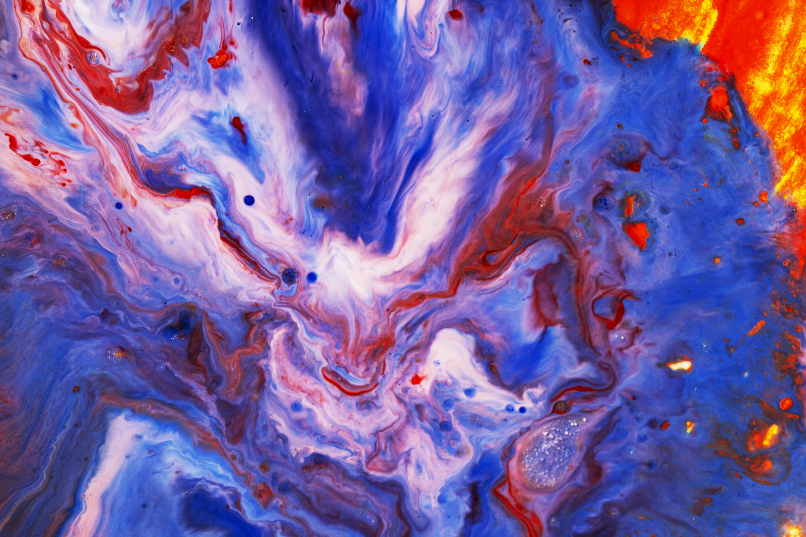 Abstract paint composition: watercolor and acrylic, thinned with water and isopropyl alcohol, poured onto marker paper and photographed at macro scale.